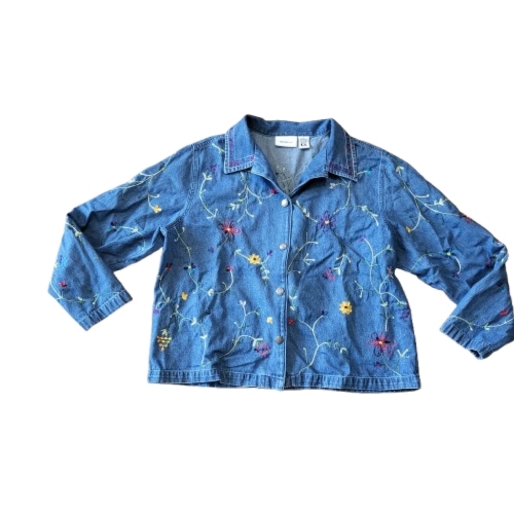 Parisian Works Embroidered Denim Jacket Blazer Floral Cotton Women's XL